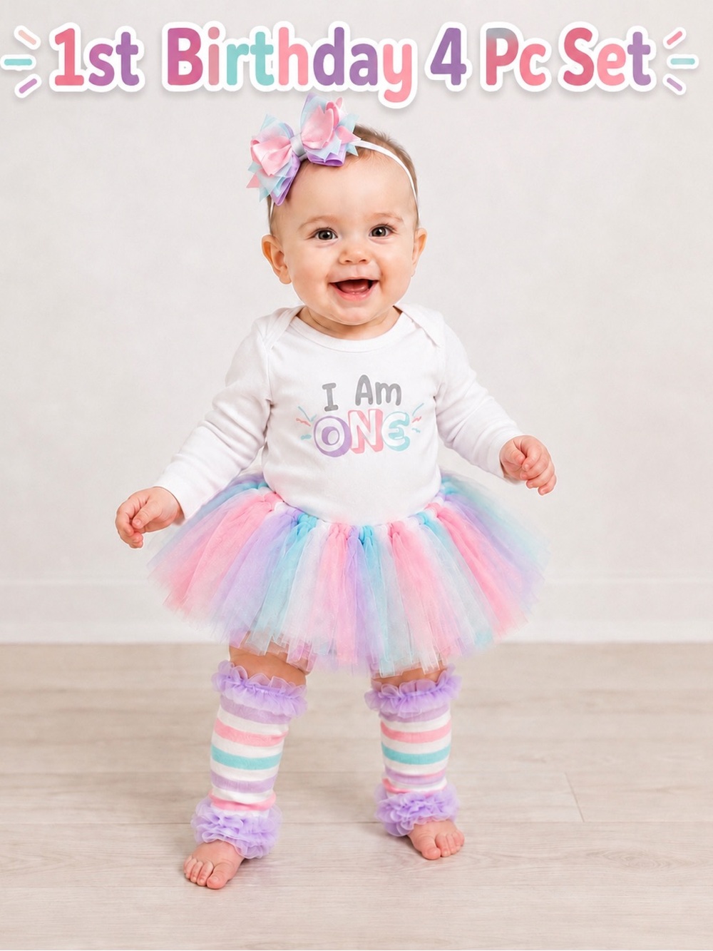 NWT Baby Essentials  Girls Pastel Rainbow Tutu Set - 1st Birthday Outfit 18M